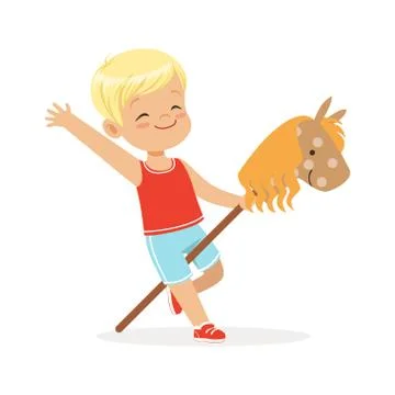 Cute smiling little boy riding on wooden stick horse, colorful character vector Stock Illustration