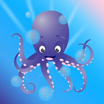 Cute smiling octopus in deep blue backdrop vector illustration. Stock Illustration