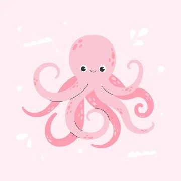 Cute smiling octopus isolated on pink background Stock Illustration