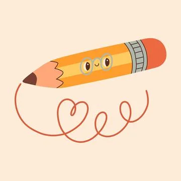 Cute smiling pencil character drawing a heart line. Whimsical hand drawn vector Stock Illustration