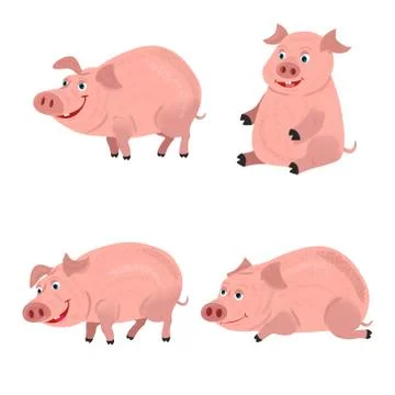 Cute smiling pigs playing in mud. Vector farm animal character set. Stock Illustration