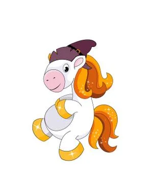 Cute smiling pony with witch hat isolated on white background. Halloween them Stock-Illustration
