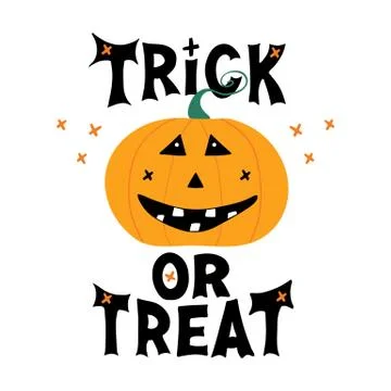 Cute smiling pumpkin character with Trick or treat lettering and doodle cross Stock Illustration