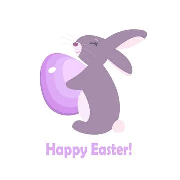 Cute smiling rabbit with colorful Easter egg in paws on white background. Car Stock Illustration