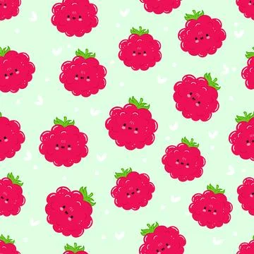 Cute smiling raspberry fruit seamless pattern Stock Illustration