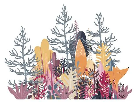 Cute smiling red fox walking in woods, vector illustration. Children Stock Illustration