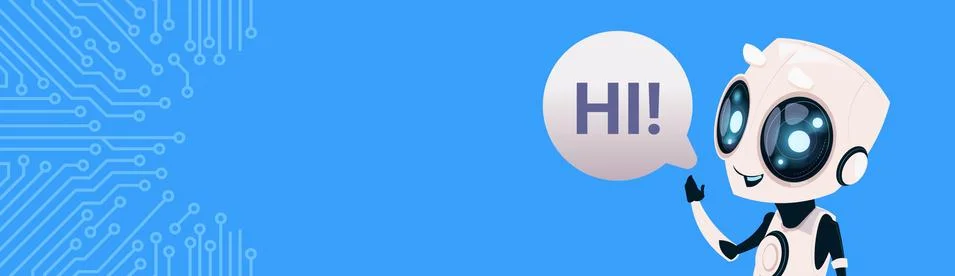 Cute Smiling Robot Chat Bot Say Hi Greeting Circuit Background Horizontal Illustrazione stock