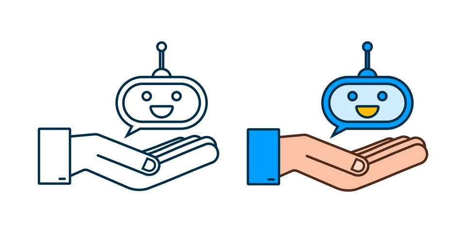 Cute smiling robot in hands.Vector modern flat cartoon character illustration Stock Illustration