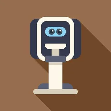 Cute smiling robot standing on podium with long shadow Illustrazione stock
