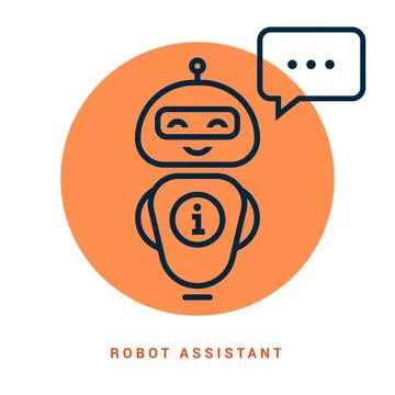 A cute smiling robot talking to a chat bot. Vector linear illustration icon Stock Illustration