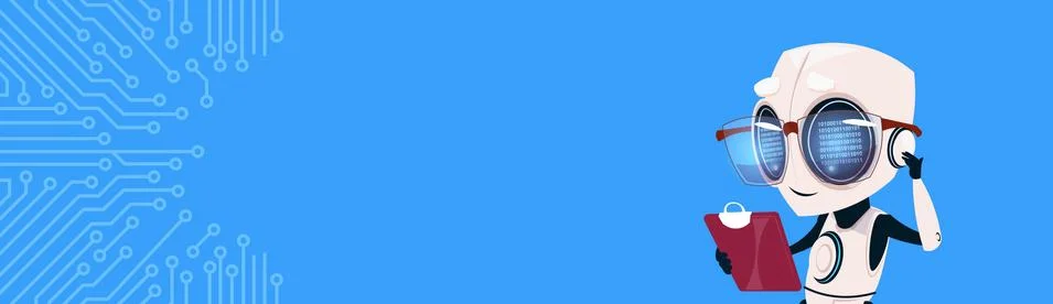 Cute Smiling Robot Using Digital Tablet Chat Bot Over Circuit Background 스톡 일러스트