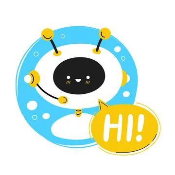 Cute smiling robot,ai chat bot, hi in speak bubble.Vector cartoon character Stock Illustration