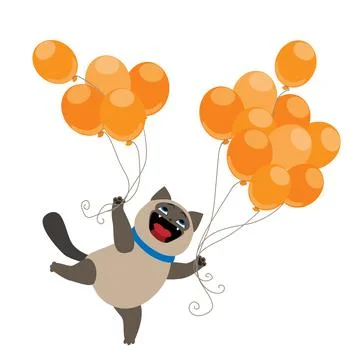 Cute smiling siamese cat and orange balloons vector illustration. Stock Illustration