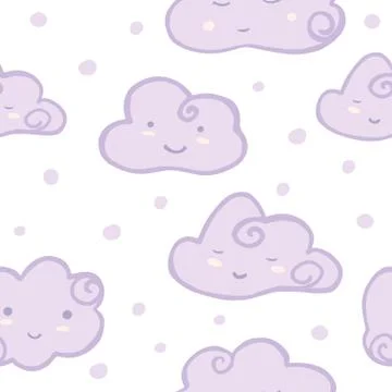 Cute smiling sky seamless pattern . Hand drawn cloud sky wallpaper on white b Stock Illustration