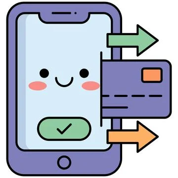 Cute smiling smartphone character processing credit card payment Stock Illustration