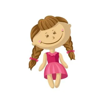 Cute smiling soft doll in a pink dress with braids, sewing toy cartoon vector Stock Illustration