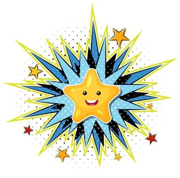 Cute Smiling Star Character with Comic Style Burst Background 스톡 일러스트
