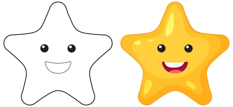 Cute Smiling Star Character Vector Illustration in Color and Outline Stock Illustration