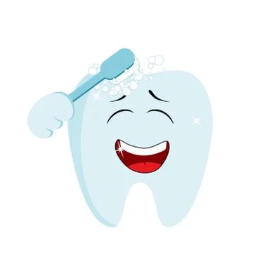 Cute smiling tooth cleaning himself with a toothbrush. Dental hygiene concept Illustrazione stock