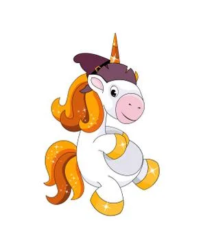 Cute smiling unicorn with witch hat  isolated on white background. Halloween  Stock-Illustration