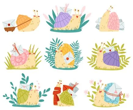 Cute Snail Character with Coiled Shell Carrying Envelope on Its Back Vector Set イラスト素材