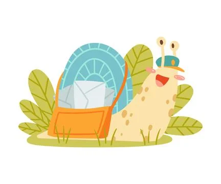 Cute Snail Character with Coiled Shell Carrying Letters in Bag Crawling Vector イラスト素材