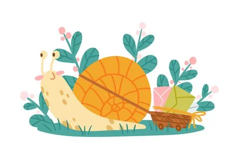 Cute Snail Character with Coiled Shell Pulling Trolley with Envelope Vector イラスト素材