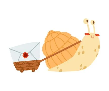 Cute Snail Character with Coiled Shell Pulling Trolley with Envelope Vector 스톡 일러스트