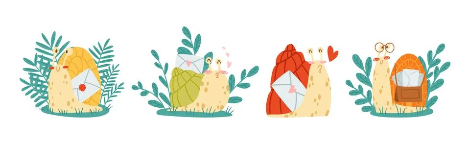 Cute Snail Character with Coiled Shell Carrying Envelope on Its Back Vector Set Stock Illustration