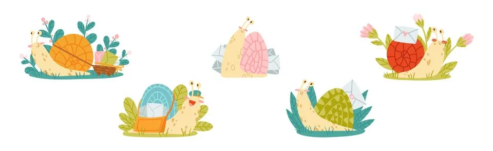 Cute Snail Character with Coiled Shell Carrying Envelope on Its Back Vector Set Illustrazione stock