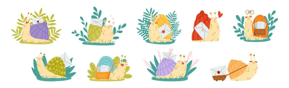 Cute Snail Character with Coiled Shell Carrying Envelope on Its Back Vector Set イラスト素材