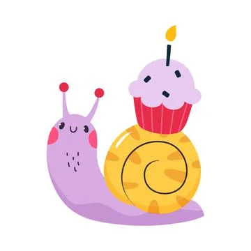 Cute Snail Character with Shell Carrying Cupcake with Candle on Its Back Vector Illustrazione stock