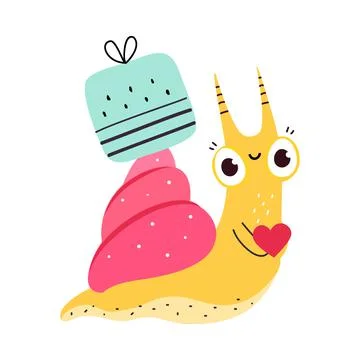 Cute Snail Character with Shell Carrying Gift Box on Its Back Vector Illustrazione stock