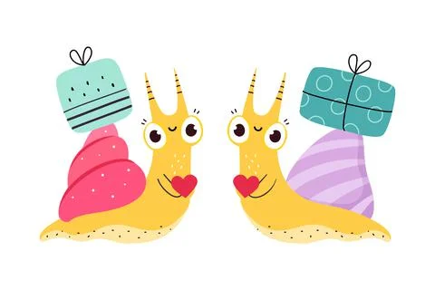 Cute Snail Character with Shell Carrying Gift Box on Its Back Vector Set Stock Illustration