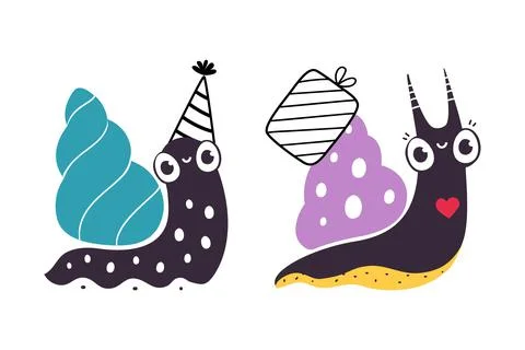 Cute Snail Character with Shell Carrying Gift Box on Its Back Vector Set Illustrazione stock