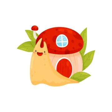 Cute snail with shell house on its back, funny mollusk cartoon character vector Stock Illustration
