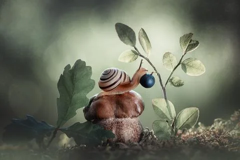 A cute snail sits on a mushroom in a fairytale mysterious forest Stock Photos