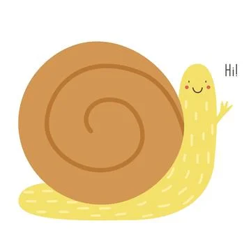A cute snail waves and greets. Vector illustration of a kawaii snail. Doodl.. Stock Illustration