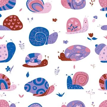 Cute snails seamless pattern blue and purple baby slugs with different patterns Illustrazione stock