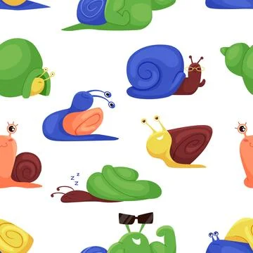 Cute snails seamless pattern, rainbow garden slugs crawl and eat leaf, sleep and Illustrazione stock