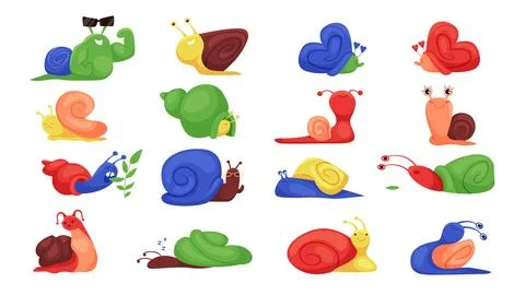Cute snails set, rainbow garden slugs crawl and eat leaf, sleep and show strong Stock Illustration