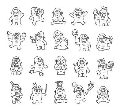 Cute snow yeti character set in outline line art Stock Illustration