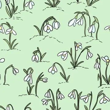 Cute snowdrops flowers seamless pattern. Beginning of spring Stock Illustration