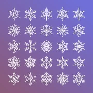 Cute snowflakes collection isolated on gradient background. Flat line snow icons Illustrazione stock