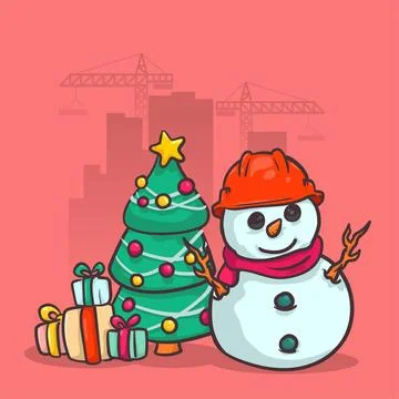 Cute snowman and gift boxes in front of city skyline with cranes. Stock Illustration