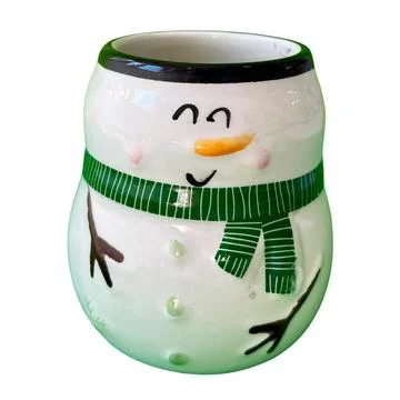 Cute Snowman Ceramic Mug with Green Scarf Isolated on White Background Stock-Fotos