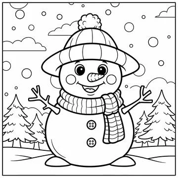 Cute Snowman Coloring Page with Hat and Scarf in Winter Forest 스톡 일러스트