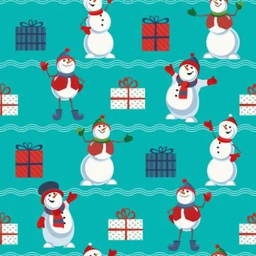 Cute snowman hand drawn vector seamless pattern Stock Illustration