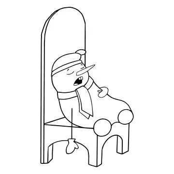 Cute Snowman in a hat, scarf and mittens fell asleep on a big chair waiting.. Stock Illustration