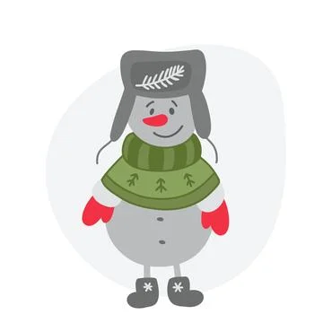Cute snowman in red hat in flat. Christmas symbol. Stock Illustration